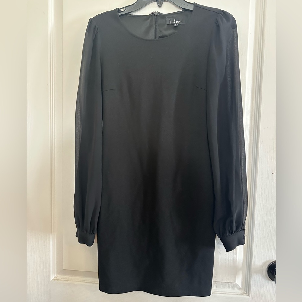 Lulu's Classic Black Long Sheer Sleeve Back Zip Dress Size S